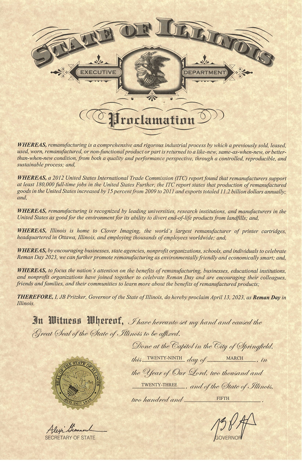 US State Governor Proclaims Reman Day