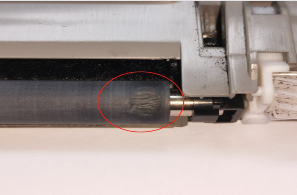 After about 1000 pages have been printed, bulges start to appear on the PCR. In many cases, more than 5 bulges will become quite evident and can be seen by the naked eye quite easily. These bulges cause the toner powder to accumulate during transfer and gradually form a clump of toner powder. This causes the number of bulges to increase, providing even more terrible results on the printed pages